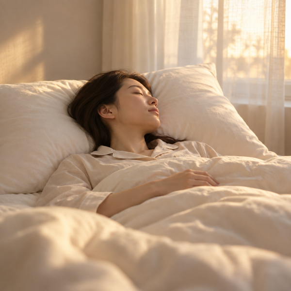 따뜻하고 차분한 침실에서 성인이 잠들기 전 침대 가장자리에 앉아 베개를 바라보는 자연스러운 생활 사진 - 진주 팅커벨귀필러 | 미미썸의원 진주점